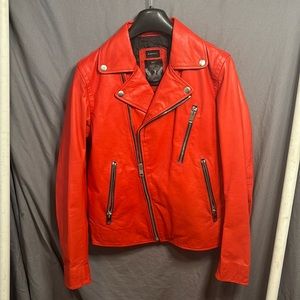 Diesel Black Gold Red Leather biker jacket lapel style zips across size Large
